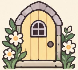 A yellow door with a window