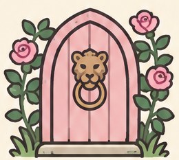 A pink door with a lion knocker