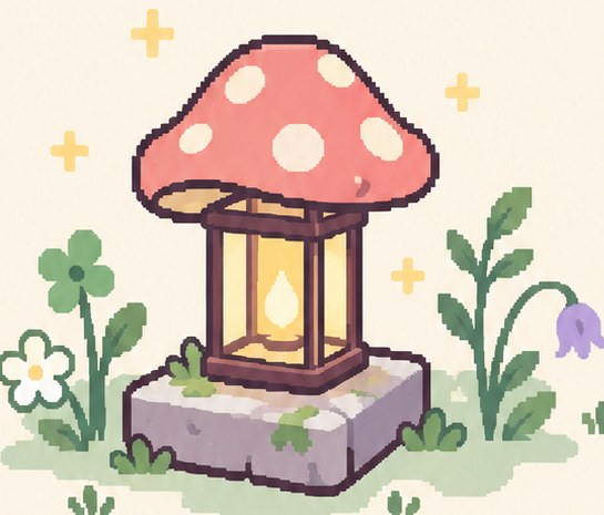 A red-capped mushroom lantern on a little stone base.
