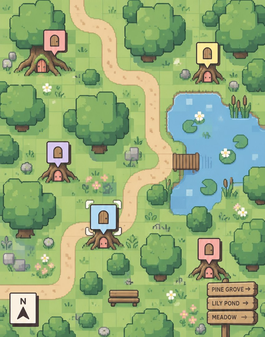 A pixel-art park map with a winding path, a pond and pins at the bases of trees.