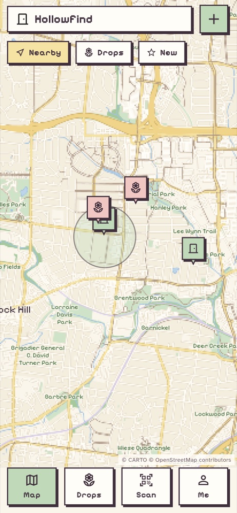 The Hollowfind map of Brentwood with square pins on fairy houses and drop spots.