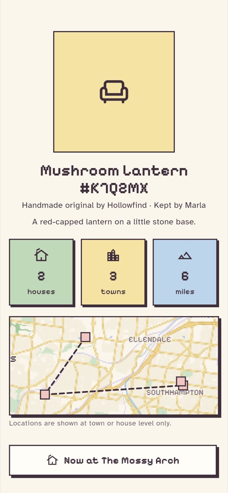 A Mushroom Lantern piece with stats for houses, towns and miles travelled.